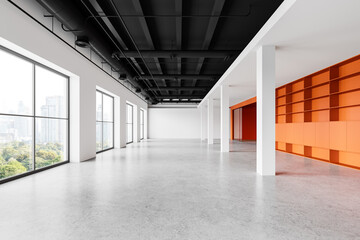 Stylish empty office interior orange shelves, panoramic window on skyscrapers