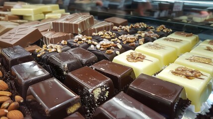 Assortment of handmade chocolate candies from black, milk and white chocolate with nuts and marzipan in San Miguel Market Madrid 