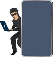 Hacker with blank smartphone screen. Phishing scam, fraud link, cyber attack and digital crime concept. 