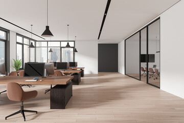 Stylish office interior with meeting and coworking room, panoramic window - obrazy, fototapety, plakaty