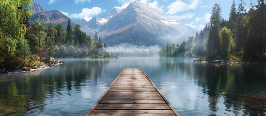 Calm lake and wooden pier surrounded by snowy mountains. - obrazy, fototapety, plakaty