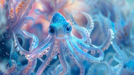 A leader emerges as a joyful squid navigates through a crowd of sameness, its adorable uniqueness lit by the sunny, blue underwater world - obrazy, fototapety, plakaty