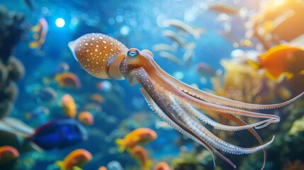 A joyful squid leads among mundane fish, bright blue waters illuminate its unique charm, sunny backdrop enhances its leadership, underwater world theme - obrazy, fototapety, plakaty