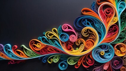 Macro shot of brilliantly colored quilling paper curves arranged intricately on a dark background.