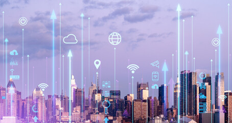 New York skyline and growing arrow lines with smart city connection icons