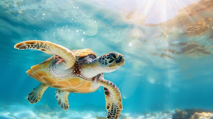 Adorable turtle rising as a beacon of uniqueness and leadership, bathed in sunlight under the crystalline blue water
