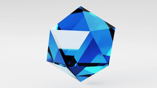 Glass gem transparent 3d geometric shape. Techno or business looping animation background