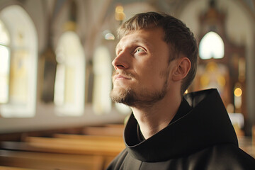 young christian catholic monk or friar praying in the abbey - obrazy, fototapety, plakaty