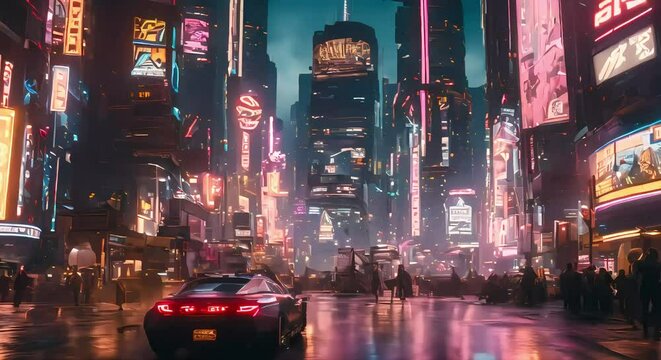 A digital representation of a cyberpunk metropolis, with neon signs flickering amidst towering skyscrapers and bustling hovercars zooming through the streets.
