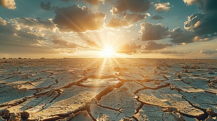 A wide shot of cracked earth under the sun, symbolizing climate change and global warming with...