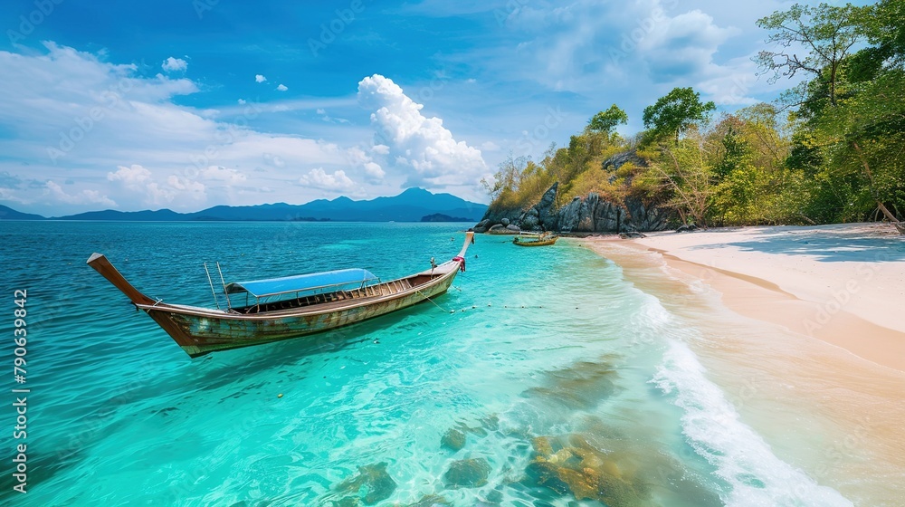 Poster Beautiful summer landscape of tropical island with boat in ocean. Transition of sandy beach into turquoise water