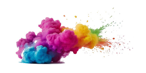 Colorful smoke rainbow painted holi fog festival background. Colorful rainbow paint color smoke cloud explosion isolated on transparent background.