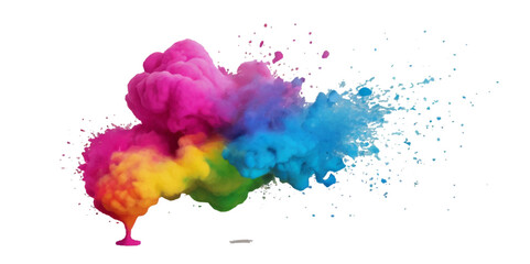 Multicolored rainbow explosion of cloud powder paint holi decoration isolated on transparent background. Vector abstract colorful rainbow holi paint festival background.