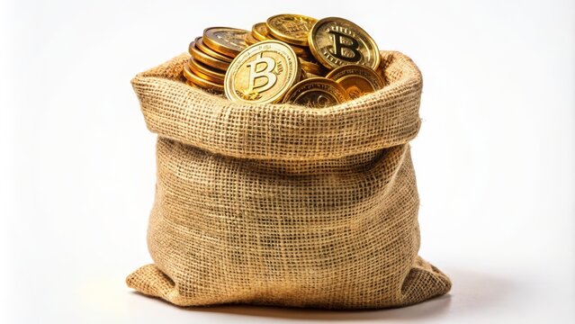 A burlap sack filled with Bitcoin.