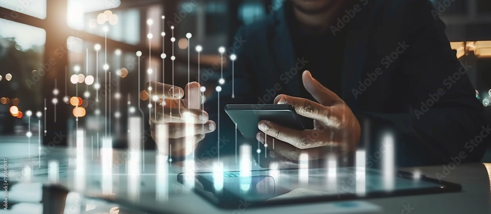 Poster image of businessman using smart phone analyzing sales data and economic growth graph chart. busines
