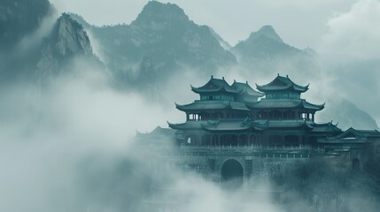 Fantasy background with mysterious ancient Chinese temple in mountains in the fog. Buddhist temple...