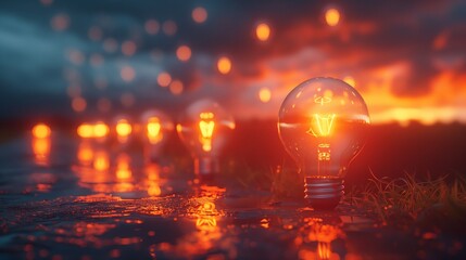 Light bulbs in a field at sunset