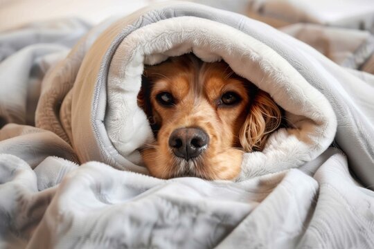 Cozy english cocker spaniel snuggled in a soft blanket indoors, a moment of serenity
