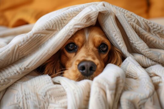 Cozy english cocker spaniel snuggled in a soft blanket indoors, a moment of serenity