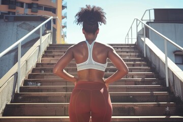 Determined athlete prepares for an urban staircase workout at dawn