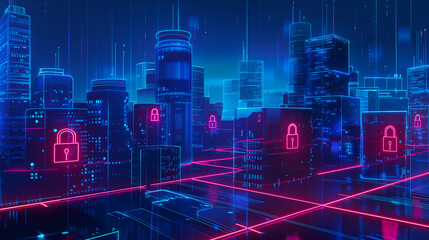 Cybersecurity Data Protection in Virtual Cityscape. A virtual cityscape with glowing padlocks overlaying buildings, representing data security and protection in the digital age.