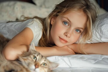 Serene afternoon moments with a young girl and her tabby cat on a bedsheet canvas