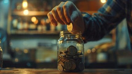 Saving Money: Hand Dropping Coin into Jar. Close-up of a hand placing a coin into a glass jar full of various coins, illustrating the concept of saving or accumulating wealth. - Powered by Adobe