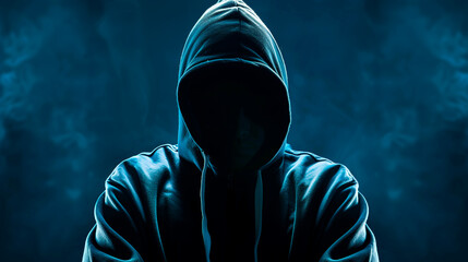 Mysterious Person in Hoodie Concealing Identity. A shadowy figure in a hoodie with an obscured face, casting an aura of mystery and anonymity against a dark blue background.