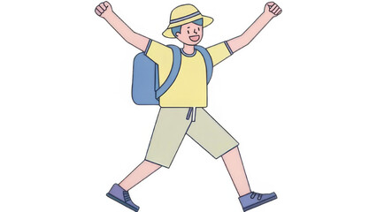 A young man wearing shorts, a yellow shirt and blue sandals is cheering with his right hand raised above his head in the style of Japanese anime. 