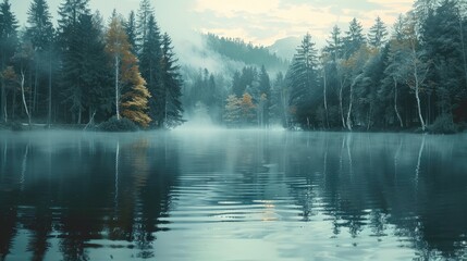 Lakeside view double exposure with audio waveform as forest in background, still water, morning. Generative AI.