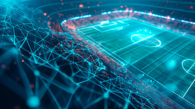 Digital Soccer Field Network Connection Concept. Futuristic digital representation of a soccer field with glowing network connections symbolizing technology in sports analytics. football