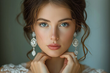 portrait of a beautiful bride girl with precious earrings at morning wedding fees - obrazy, fototapety, plakaty
