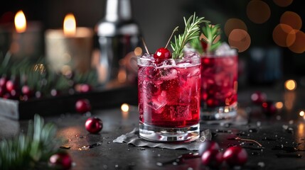 Cranberry christmas cocktail with rosemary served on winter holidays decorated table on a dark background. Front view.