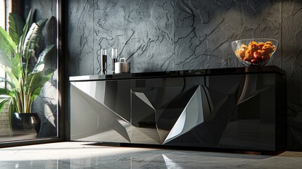 Ultra-modern cabinet design, featuring bold geometric lines and a high-gloss finish