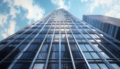 Capture the intricate details of a towering skyscraper from a worms-eye view using photorealistic digital rendering techniques Highlight the contrast between sky and structure