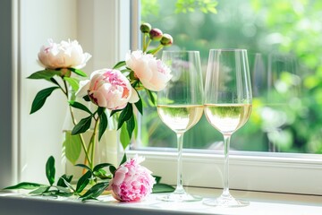 Elegant Peonies and Sparkling Wine Glasses by a Sunny Window Sill - obrazy, fototapety, plakaty