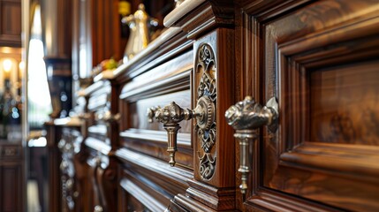 Showcase of high-end cabinet craftsmanship, featuring antique hardware on lush wood - obrazy, fototapety, plakaty