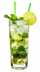 Mojito Drink Glass with Lime and Mint on White Background