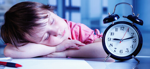 I want to sleep. Humorous portrait of tired child girl works in a office. - 790641404