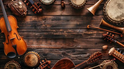 Frame of different musical instruments on wooden background 
