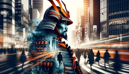 サムライと現代風景の二重露光