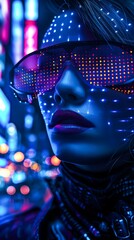 Futuristic Female Model Posing With Neon Visor Glasses at Night in a Cityscape