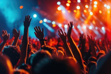 crowd at concert, silhouettes of happy people raising up hands, crowd of people at concert with...