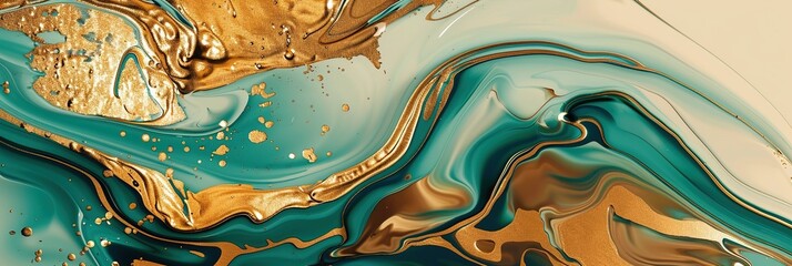 Luxury gold turquoise with gold liquid background , fluid splash, swirl on white. Close up glossy texture. Mix color liquid splashes