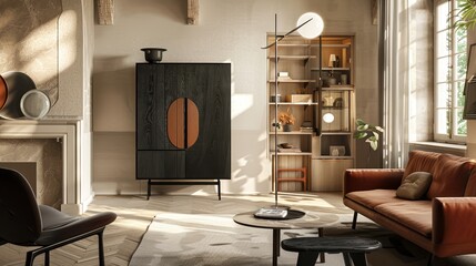 Elegant, minimalist modern cabinet presented in a bustling market environment, focusing on functionality