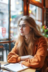 Pensive Woman Sitting at a Wooden Table in a Cozy Cafe During the Day