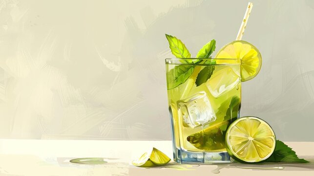 Glass of fresh sour and sweet mojito cocktail with lime and lemon slices and straw 