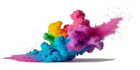 Vector colorful vibrant rainbow, smoke and cloud holi paint color powder explosion with bright colors isolated  on transparent background. Multicolored explosion of rainbow powder paint holi festival 