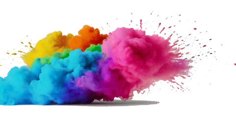 Vector colorful vibrant rainbow, smoke and cloud holi paint color powder explosion with bright colors isolated  on transparent background. Multicolored explosion of rainbow powder paint holi festival 