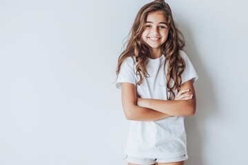 Smiling Young Girl Posing With Arms Crossed Against a Plain White Background